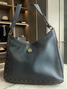 Liz Claiborne Black Pebbled Leather Shoulder Bag with Gold Studs